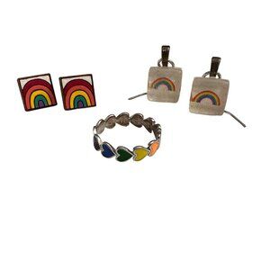 Adorable 3 Piece Set Rainbow Pride Earrings Ring Pura Vida LGBTQ